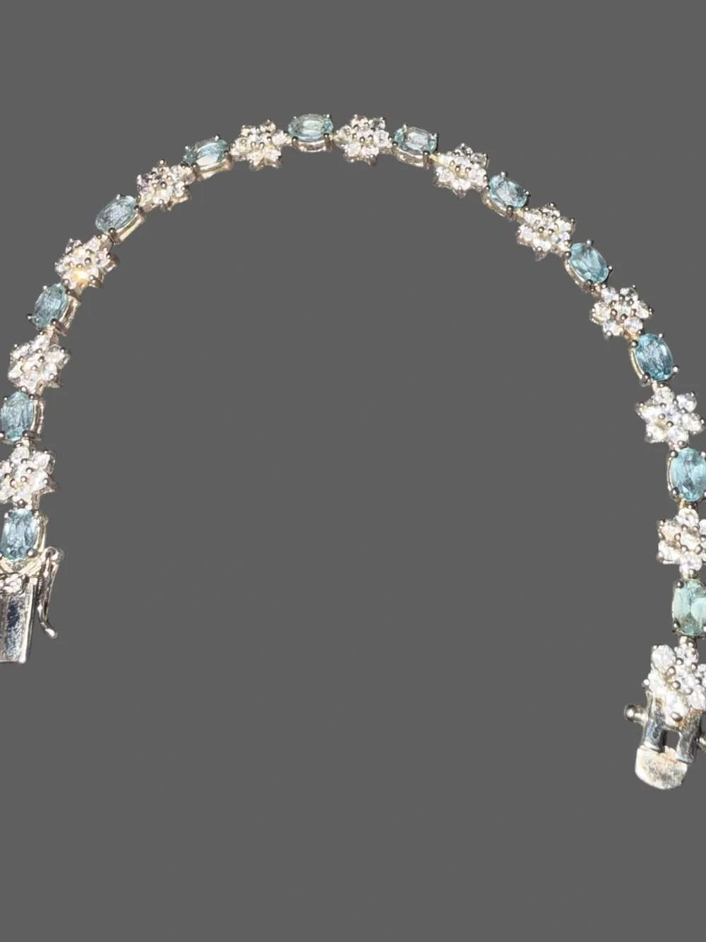 Vintage 925 Sterling Silver Blue Topaz & CZ Tennis Bracelet 7" JJT Floral Design - Picture 9 of 11